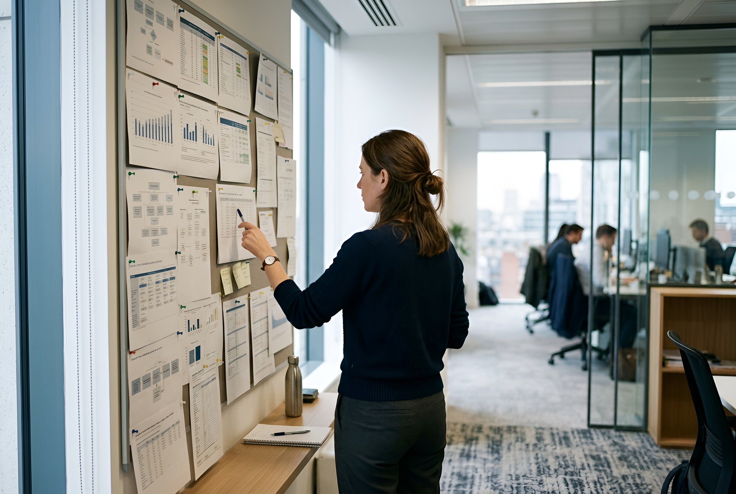 Consultant reviewing enterprise reports and workflow plans in a modern office